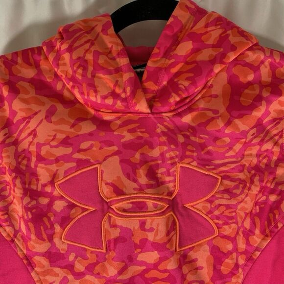 Under Armour Hoodie Girls Youth Medium Pink Orange Camo Pockets Pullover - Picture 2 of 9